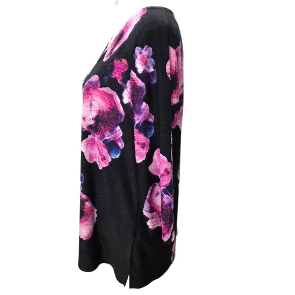 Chico's Black And Pink Floral Top 3/4 Sleeves Size 2 (Large) - Picture 3 of 10